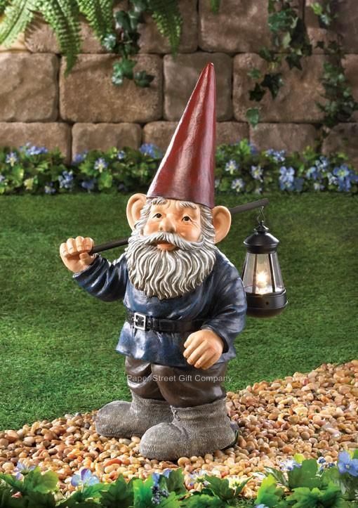 21 Tall Classic Garden Gnome Statue Holding Light Up Hanging Lantern