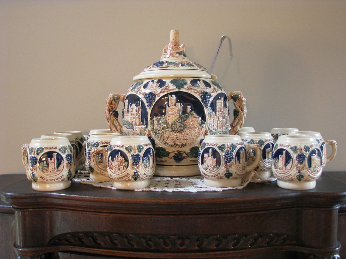 GERTZ Bowl Punch 12 cups Tureen Set Castle Rhine W Germany Stoneware