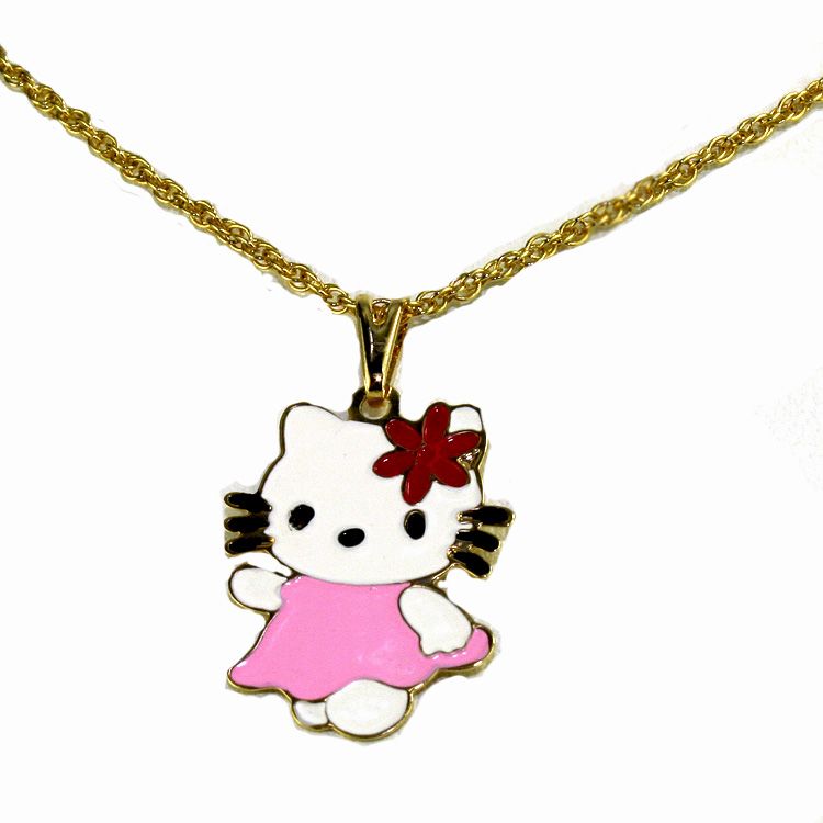 Gold 18K GF Kids Childs Necklace Hello Kitty Pink Baby Pendant Charm