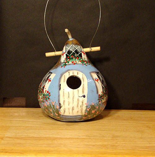 Blue Heart Cottage Birdhouse Gourd Large Oval Door Handpainted