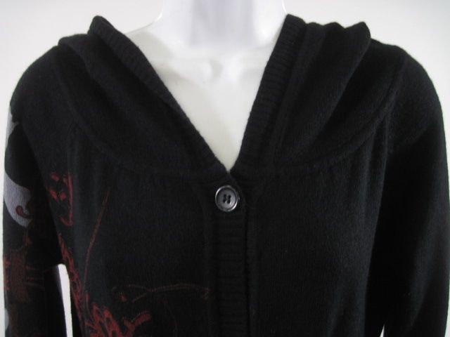 Gramm Black Print Hooded Belted Long Cardigan Sweater M