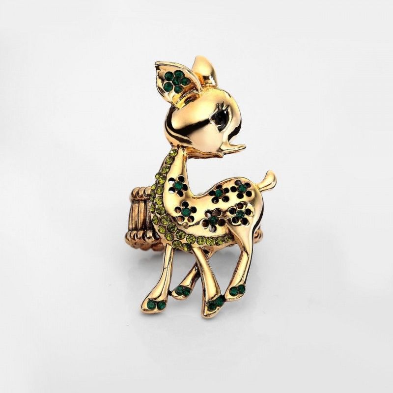 14k Gold Plated Rhinestone Spotted Deer Stretch Cocktail Ring Green