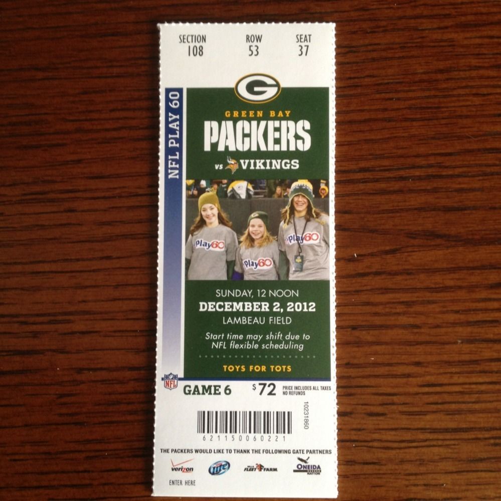 Green Bay Packers Versus Minnesota Vikings Unused Ticket 2012