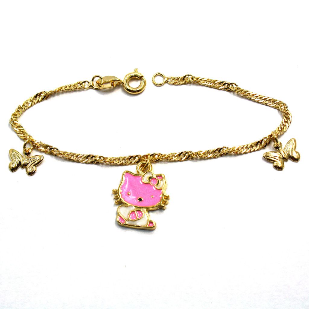 Gold 18K GF Girl Infants Pink Butterfly Hello Kitty Charm Bracelet 6