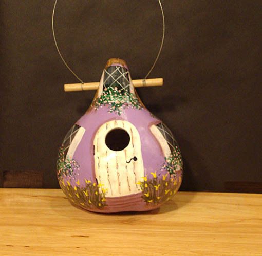 Lavender White Door Cottage Birdhouse Gourd Large Handpainted