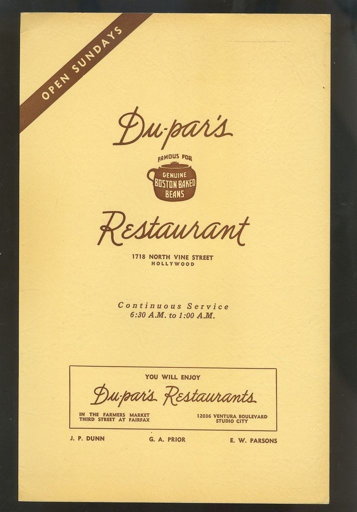 very clean 1950s du par s los angeles menu time