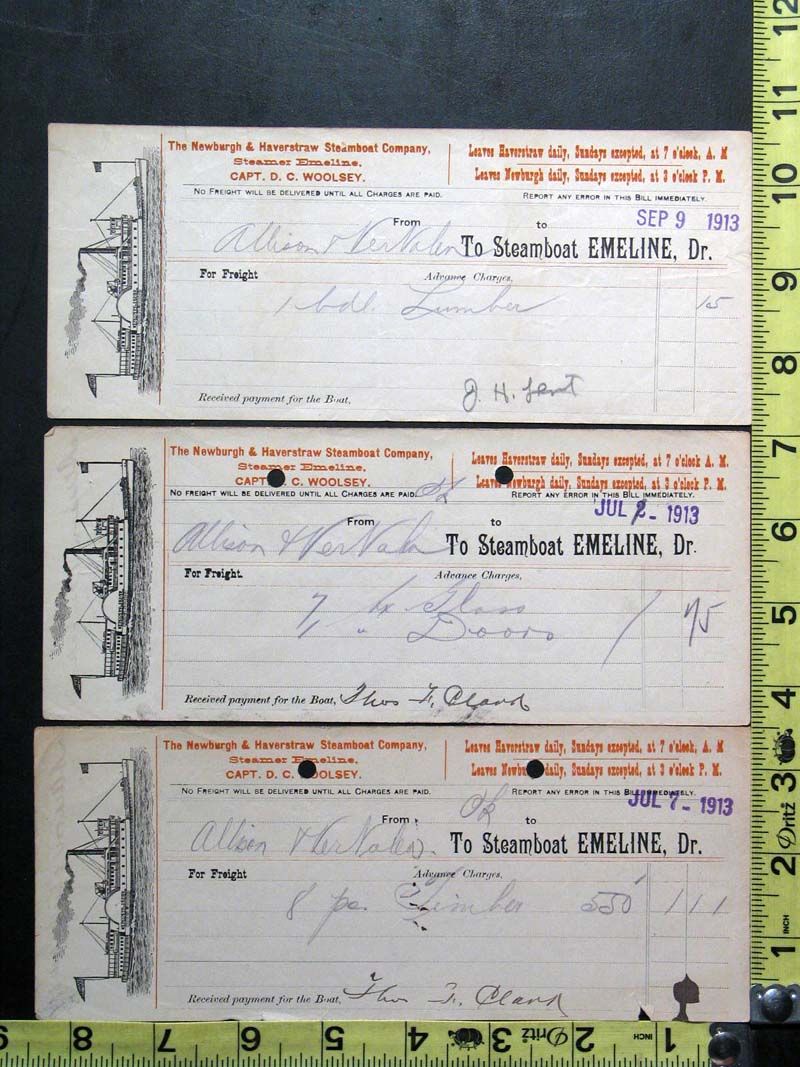 Lot of 3 1913 Newburgh & Haverstraw Steamboat Company Emeline, Freight