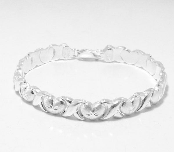 Diamond Cut Hearts Kisses Stampato Bracelet Real 925 Sterling Silver