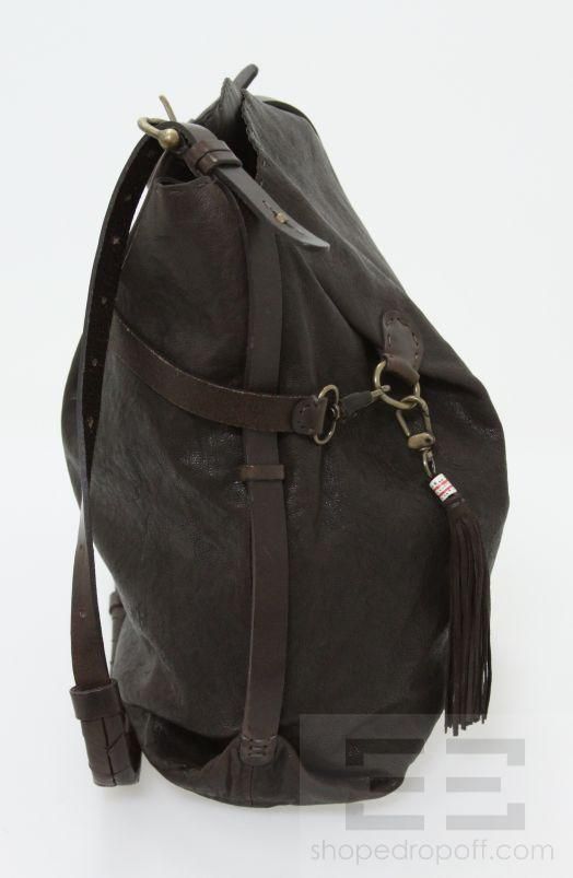 Henry Beguelin Dark Brown Leather Tassel Clip Foldover Hobo Bag