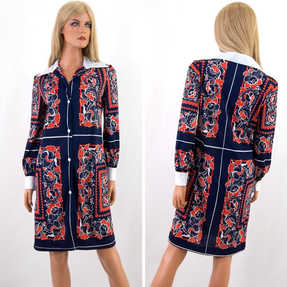 Vtg 60s Shift Dress Stan Herman Mr Mort Red White Navy Blue Graphic