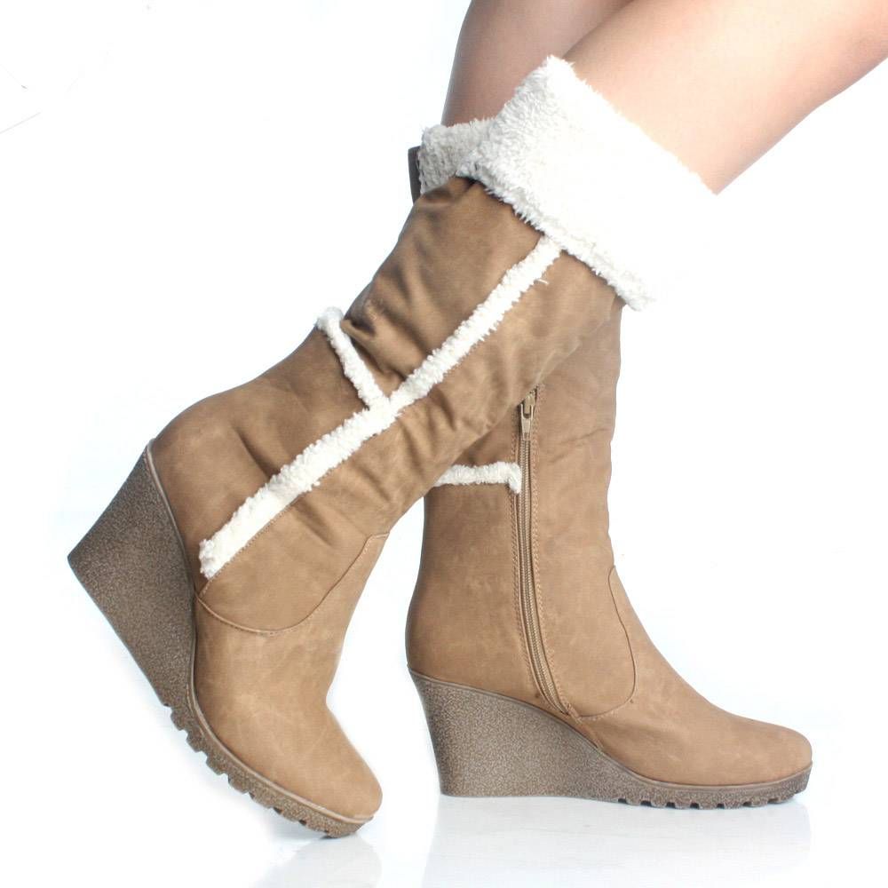  Winter Fur Shearling Beige Platform High Heel Shoes Size 7 5