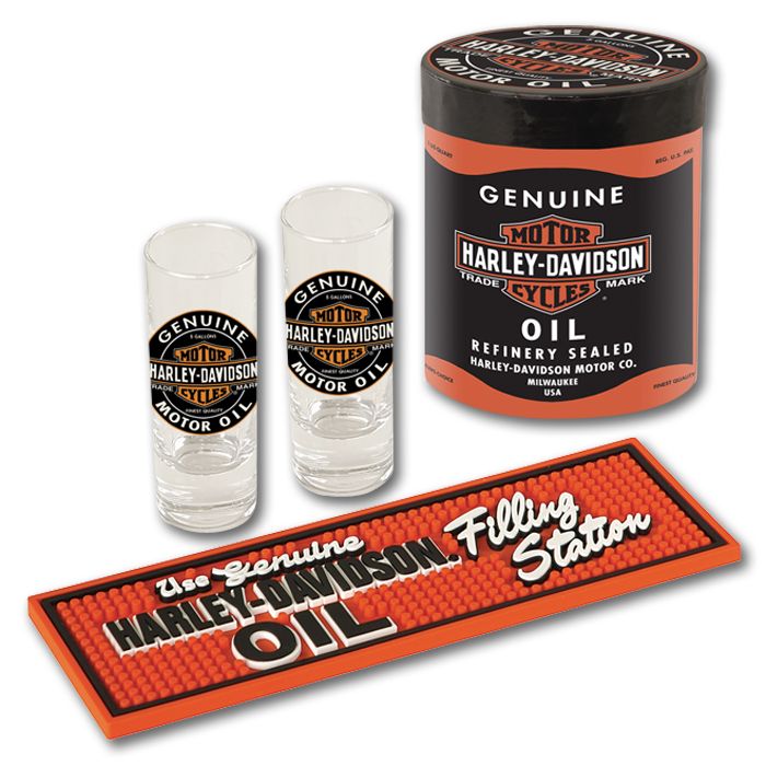 HARLEY DAVIDSON OIL CAN SHOT GLASS GIFT SET   NEW ITEM