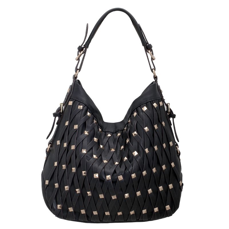  Bianco Katharina Black Metal Studded Hobo Purse Handbag D2126