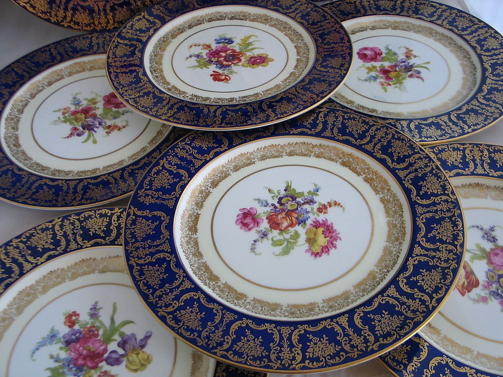 ANTIQUE set 12 PARAGON fine bone china DINNER PLATES cobalt blue gold