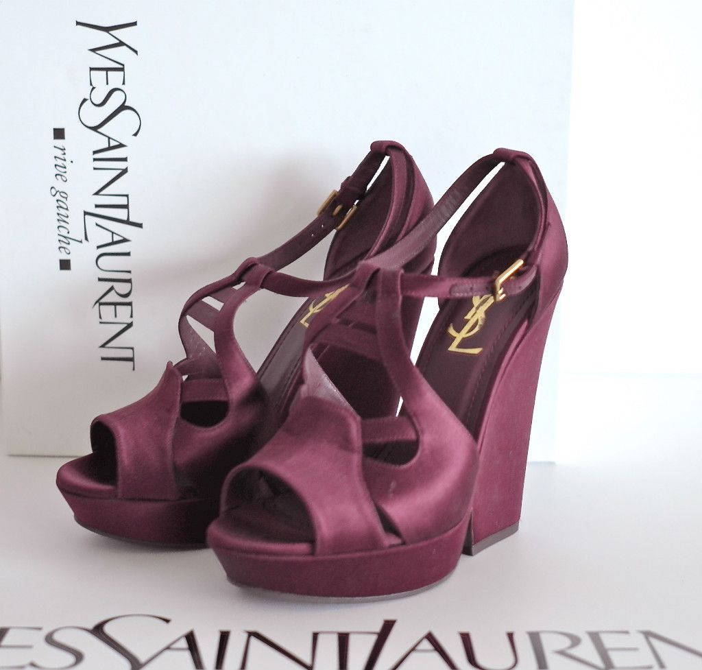 YSL Satin Wine Red Hortense Wedge Platform Shoe New 6 9