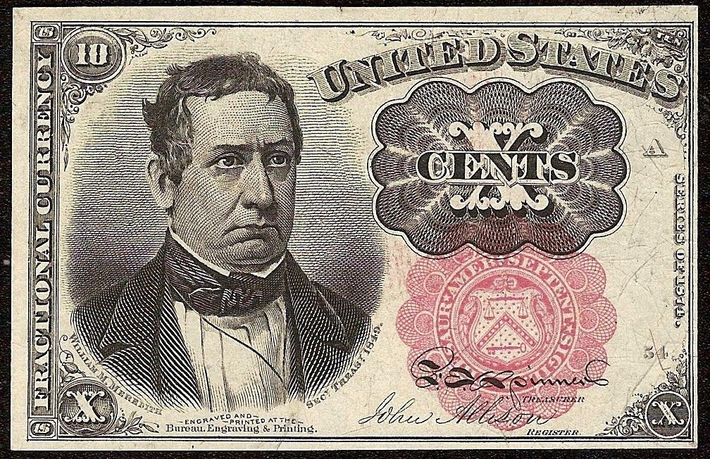 CU SERIES 1874 10 CENT FRACTIONAL CURRENCY NOTE Fr 1265 LONG THIN KEY