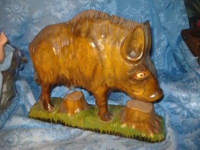 Vtg LG Folk Art Boar Wild Hog Pig Carved Wooden Figure Very Detailed