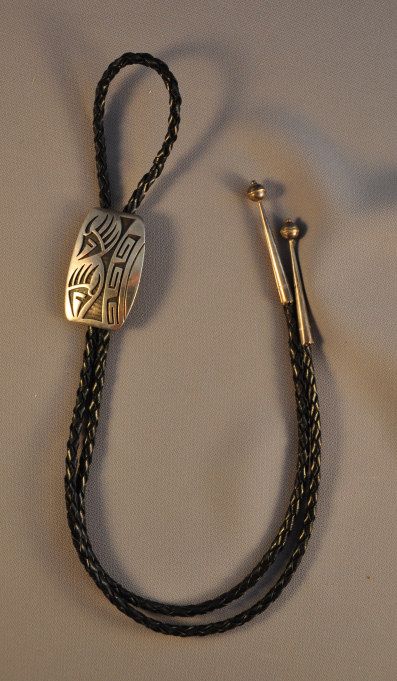 Vintage Hopi Bolo Tie Silver on Silver Overlay Bear Paw J Poleviyouma