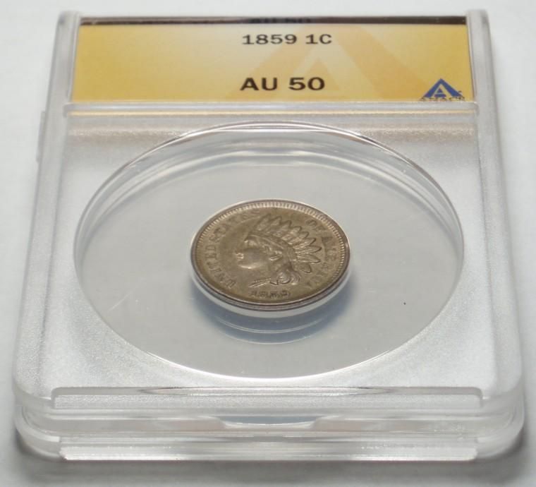 1859 Copper Nickel INDIAN CENT Graded ANACS AU50, 1st Indian Cent, ONE
