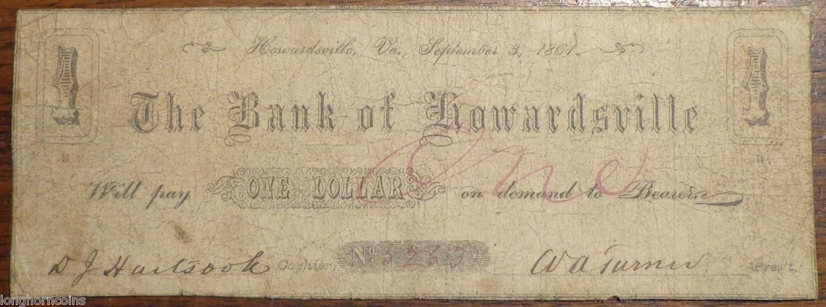 Howardsville Virginia 1861 The Bank of Howardsville $1 Obsolete