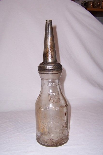 Vintage Huffman Glass Bottle One Quart Motor Oil Can Metal Cap and