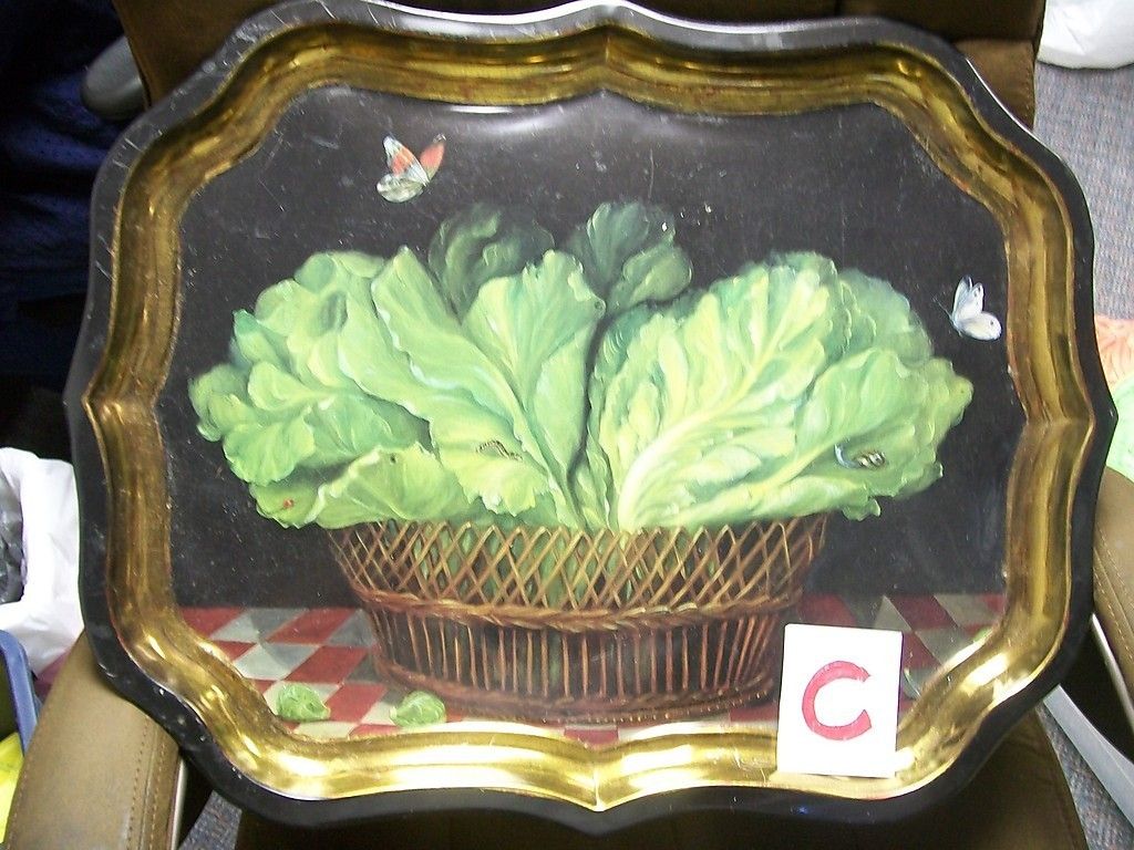 1993 Ian Logan Garden Lettuce Basket Butterflies Litho Tole Tray Mimi