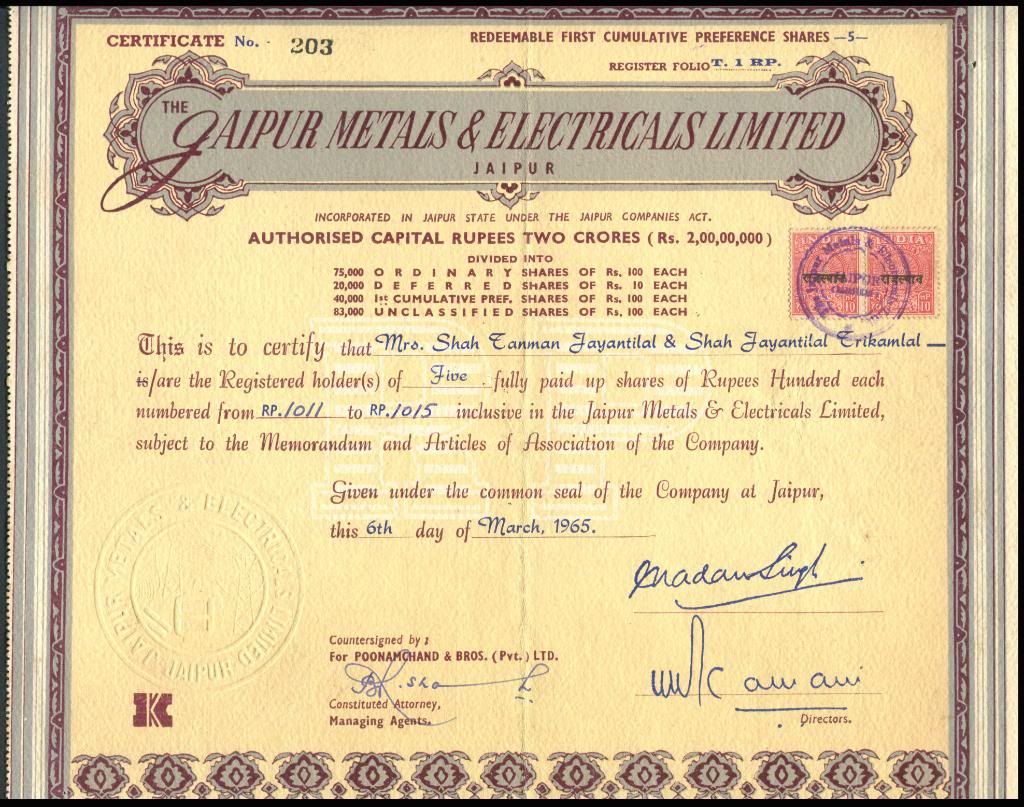 India 1965 Jaipur Metals Share Certificate