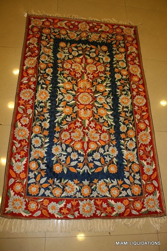  Silk Crewel Chainstitch Hand Embroidered Rug Kashmir India