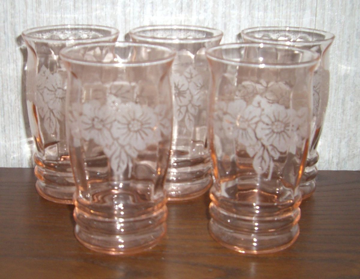 Set Of 5 Pink Floral Etched Tumblers Drinking Glasses Juice Depression
