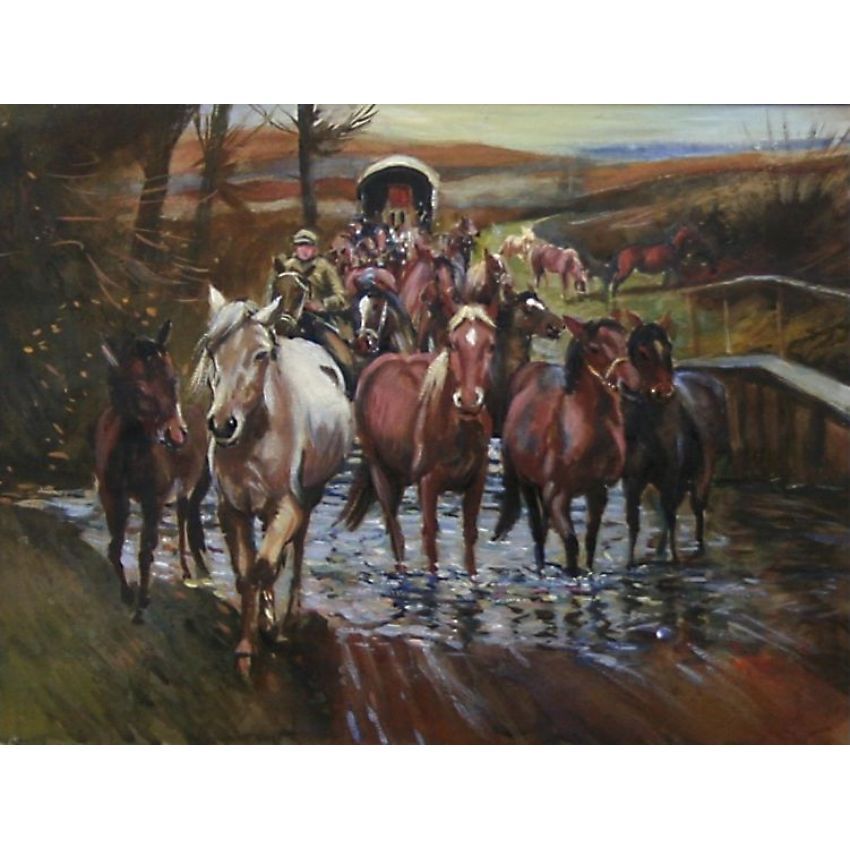 Irish School Travellers Gypsies Horses Gouach Watercolour Painting