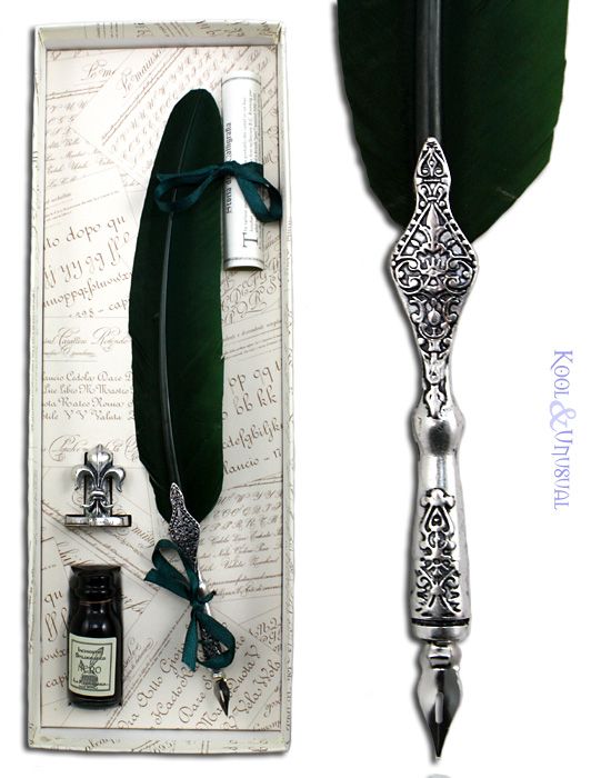 Dark Green Italian Feather Quill Pen and Ink Set with Fleur de Lis