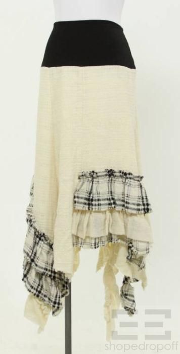 Ivan Grundahl Cream Black Woven Wool Plaid Tiered Ruffle Skirt Size 40