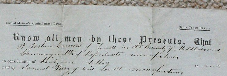 1845 Deed Lowell MA Johsua Converse Perry John Adams