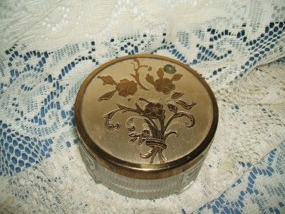 Powder Jar Golden Lid Glass Antique Hollywood Glam