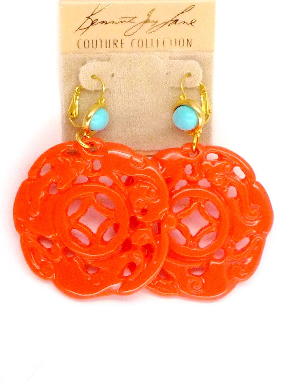 Kenneth Jay Lane KJL Coral Carved Deco Design Earrings