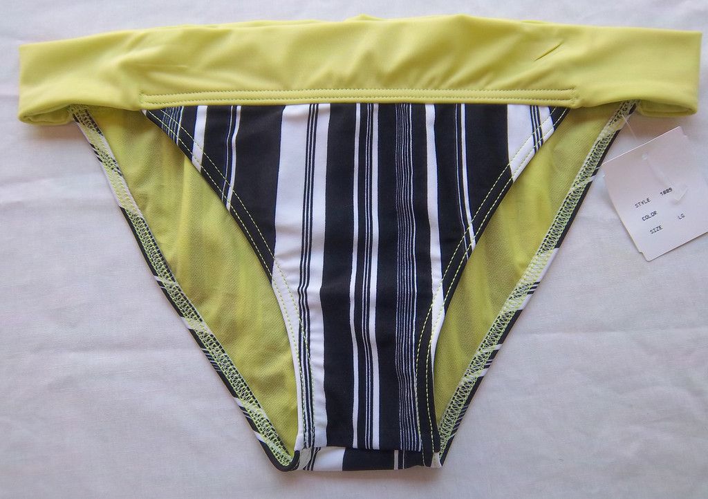 JLO Jennifer Lopez Black Striped Bikini Bottoms w Green Large Bathing