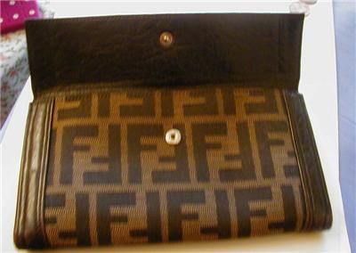 Fendi Brown Brocade Long Wallet with Pebble Leather Trim