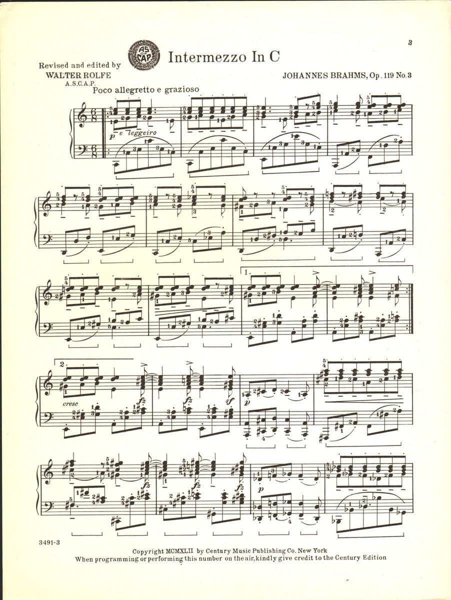 Intermezzo in C Op 119 No 3 Johannes Brahms Classical Piano Solo Sheet