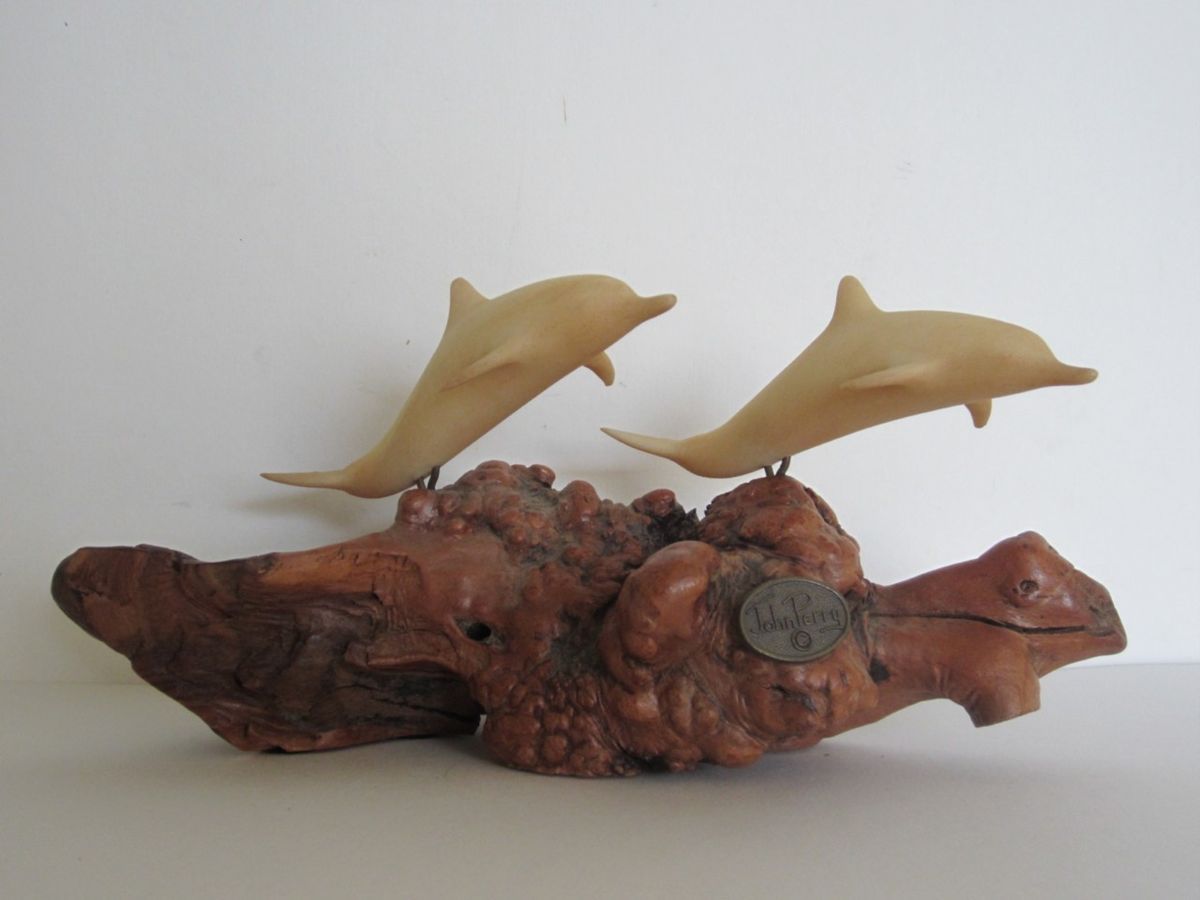John Perry Double Dolphin Sculpture Wood Signed Burlwood Figurine Fish  