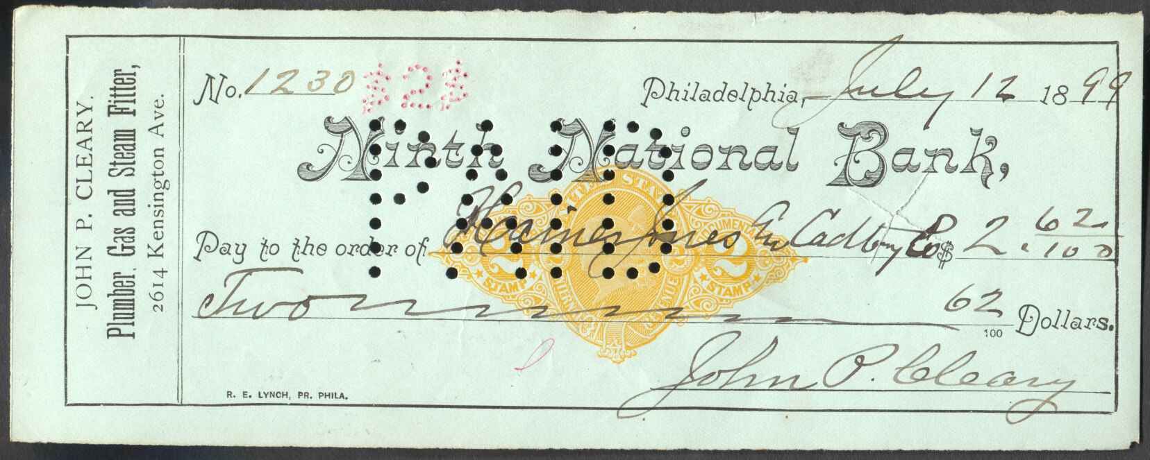 Bank Check Philadelphia Pennsylvania RN X7  