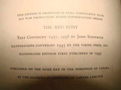 The Red Pony Viking Press John Steinbeck 1945 First 1st Illustrated Edition  