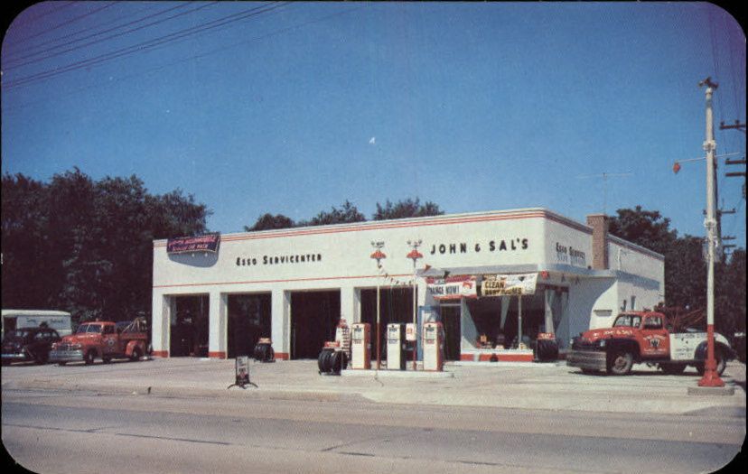 Valley Stream Long Island NY John Sal's Garage Esso Gas Station Pumps Postcard  