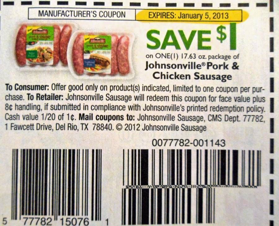 20 Coupons 1 00 1 Johnsonville 17 63oz pork chicken sausage 1 5 13  