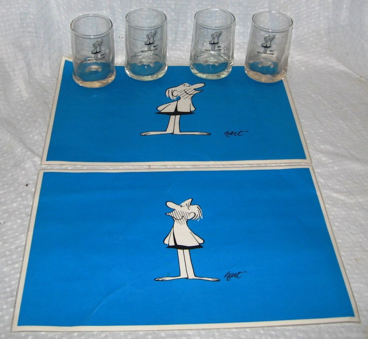 Two Vintage Johnny Hart B C Comic Strip Placemats Four Drinking Glasses  
