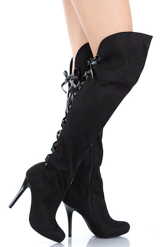 PAPRIKA QWIN S BLACK FAUX SUEDE CORSET KNEE BOOT  