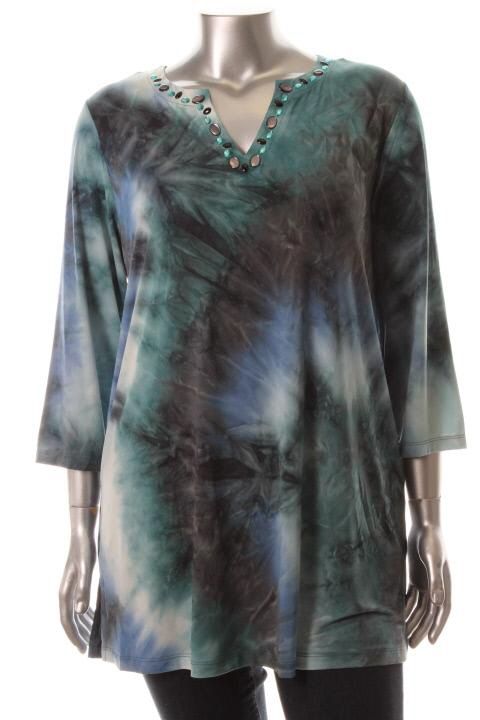 Jones New York NEW Blue Tie Dye Crush Beaded Slit Neck Pullover Top Plus 2X  