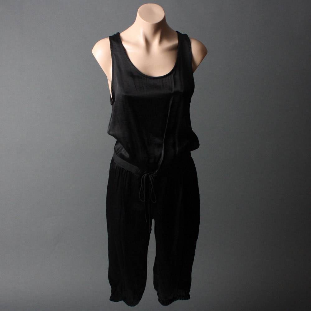 Black Satin Drawstring Waist Tie Romper Jumpsuit M  