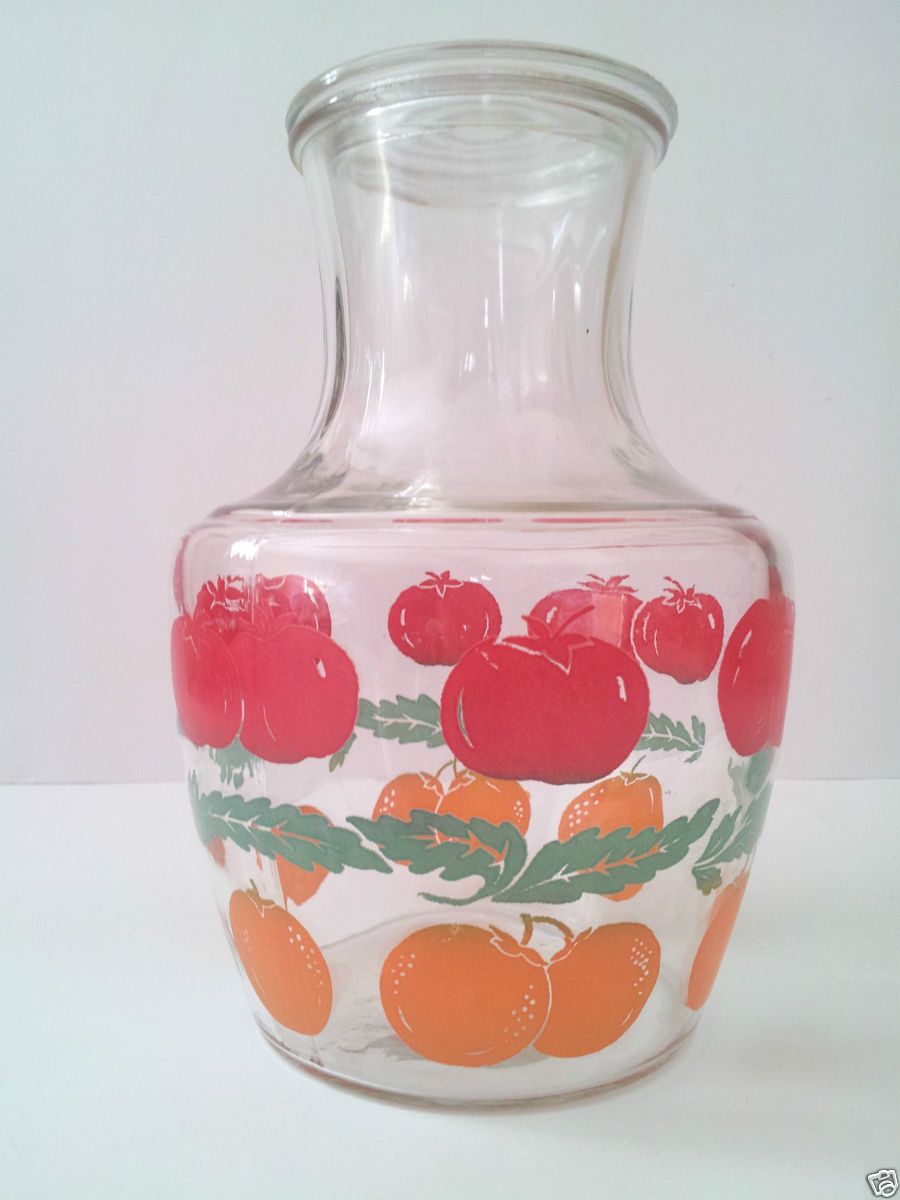  1950s Anchor Hocking Orange Tomato Juice Glass Pitcher Carafe Lid