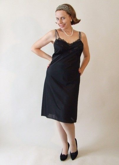 Lacy Vintage Black Nylon Full Slip by St Michael Sz UK 14