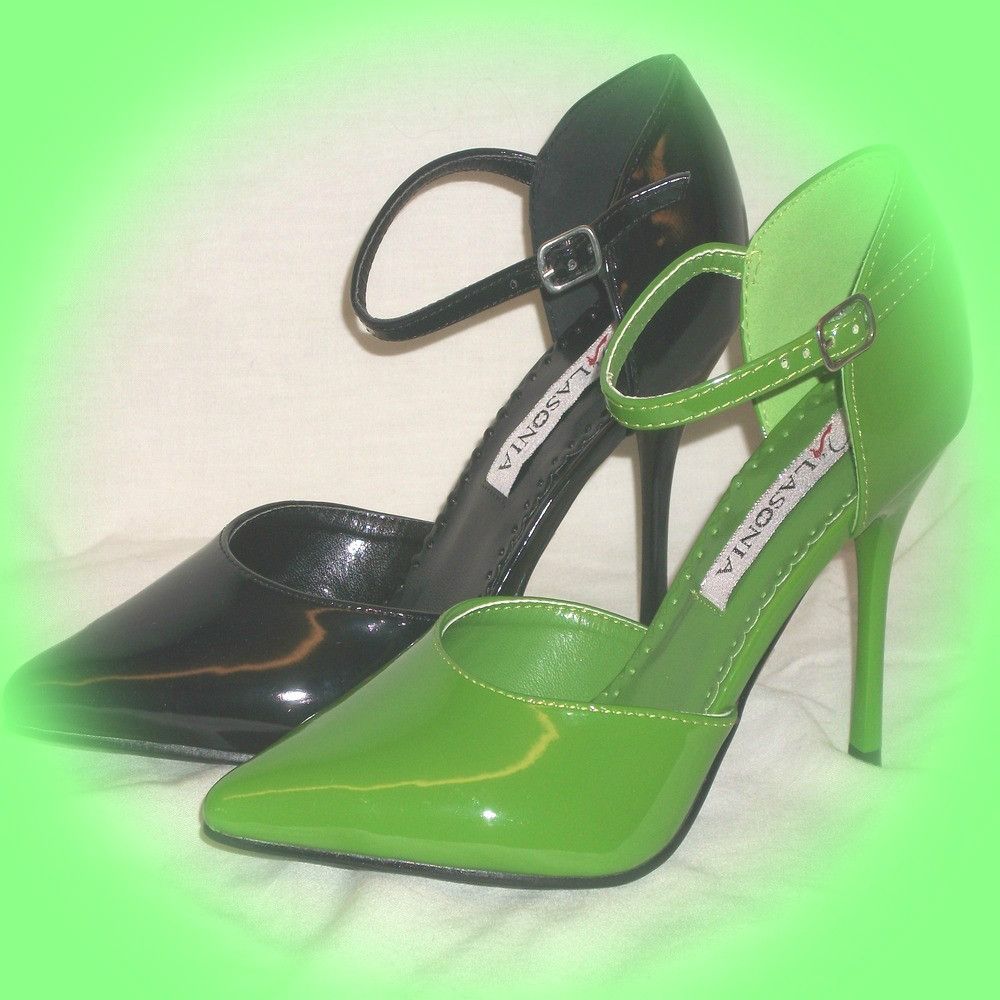 New Lasonia 4 Lime Green Patent Pointed Heels That Buckle